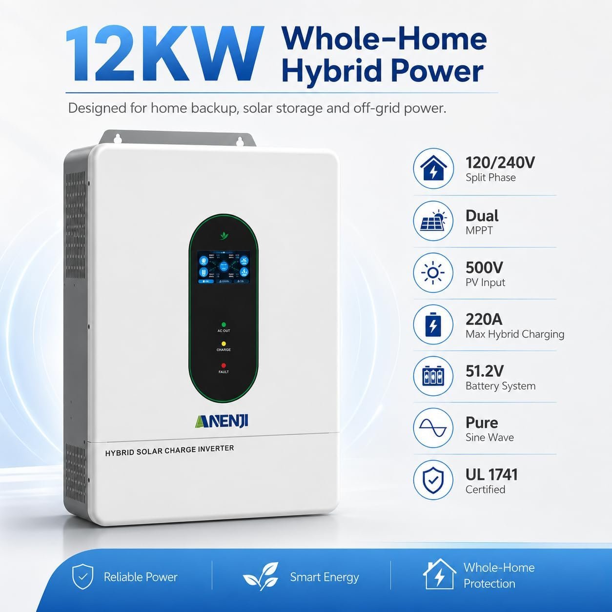 12000W Hybrid Solar Inverter 48V Split Phase 120V/240V, Dual MPPT 500V Input, Pure Sine Wave Off Grid Inverter Charger with WiFi & BMS Support, Parallel up to 6 Units-UL Certification - Image 2
