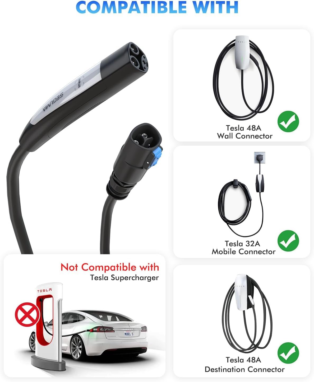 SEGUMA EV Extension Cable for Tesla, 50A 21FT 240V Extension Cord for NACS | 12KW NACS Extension Cord Compatible w Level 1/2 Tesla Charger, Tesla Wall/Destination Connector(not for Tesla Superchargers) - Image 5