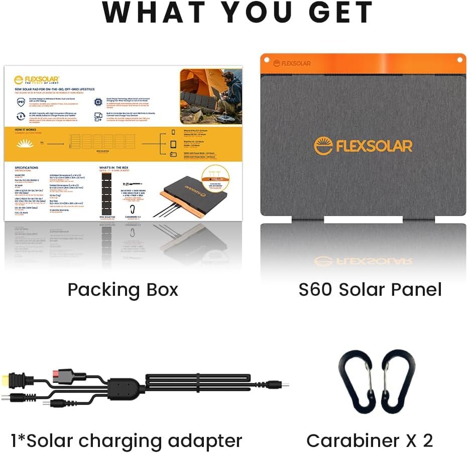 FlexSolar 60W Foldable Portable Solar Panel Charger IP67 Waterproof | with PD3.0 USB-C, QC3.0 USB-A & DC; Power Emergency Camping for Small Power Station Generator,Phones, Power Banks, Tablets - Image 8