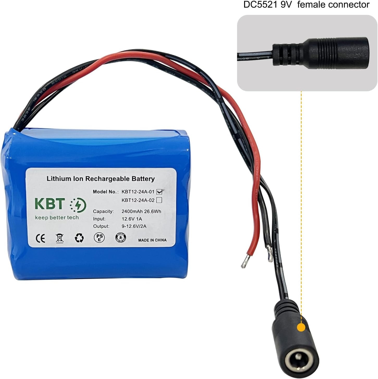 KBT 12V 2400mAh Rechargeable Li-ion Battery, Bare Leads Wire Replacement Battery Pack with Charger Compatible with 12V Devices RC Car, Boat, Robot, DIY, LED Light Strip, CCTV Camera - Image 5