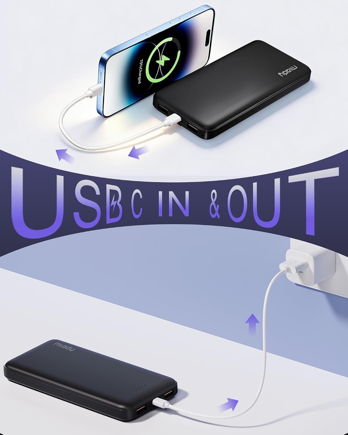 Miady 2-Pack Portable Charger, Slim 10000mAh Power Bank Travel Battery Pack | Dual USB丨3 Outputs 2 Inputs丨for Backpack Travel Camping丨Slim丨Compatible with iPhone Android etc丨Flight-Safe丨37Wh丨Black+White - Image 3