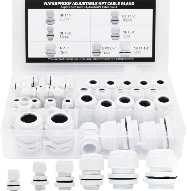 MAKERELE 50pcs NPT Cable Glands Kit Waterproof Strain Relief Connector | Grey, 1/4” 3/8” 1/2” 3/4” 1” 1-1/4”, Nylon, Electrical Conduit Connectors, With Gaskets, for Electrical Junction Box
