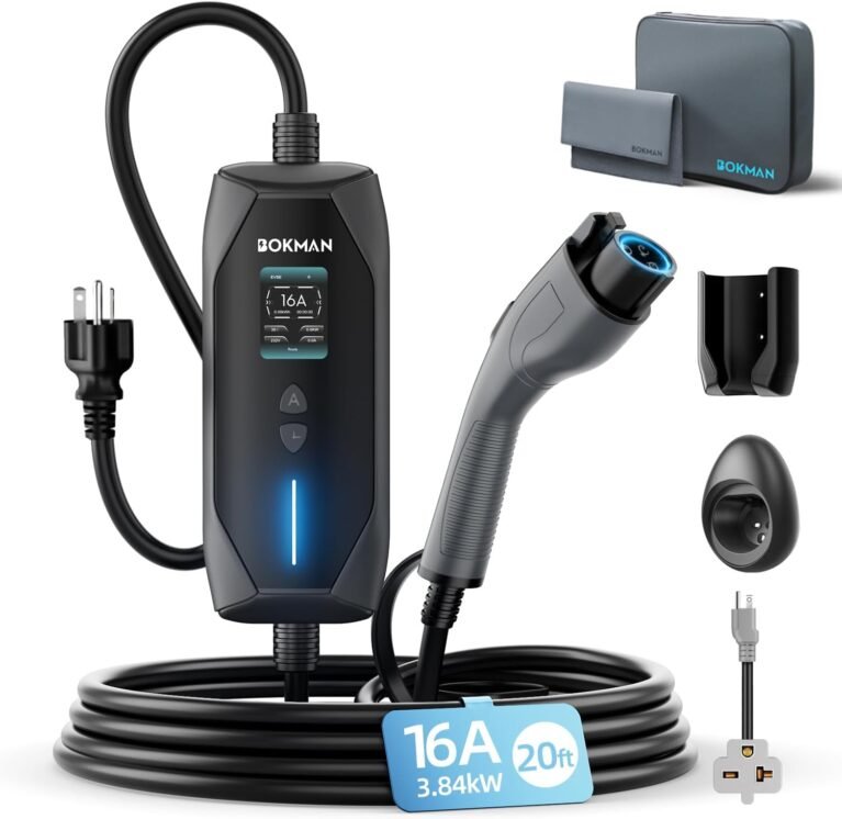 bokman Portable Level 1&2 EV Charger, 16A 20ft, NEMA 6-20P/5-15 Adapter | Dual 120V/240V, Adjustable 6-16A & 1-12H Delay timer, IP65, J1772 Connector