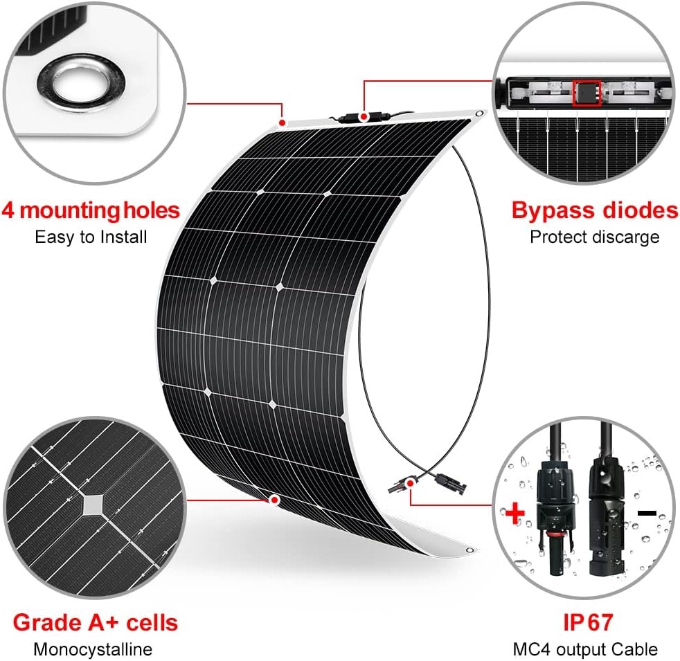 DOKIO 100W Flexible Solar Panel, 18V ETFE, for 12V RV and Marine Systems | Lightweight semi-flexible ETFE panel with MC4 leads; for RV, boat, van, trailer and other off-grid installations - Image 2