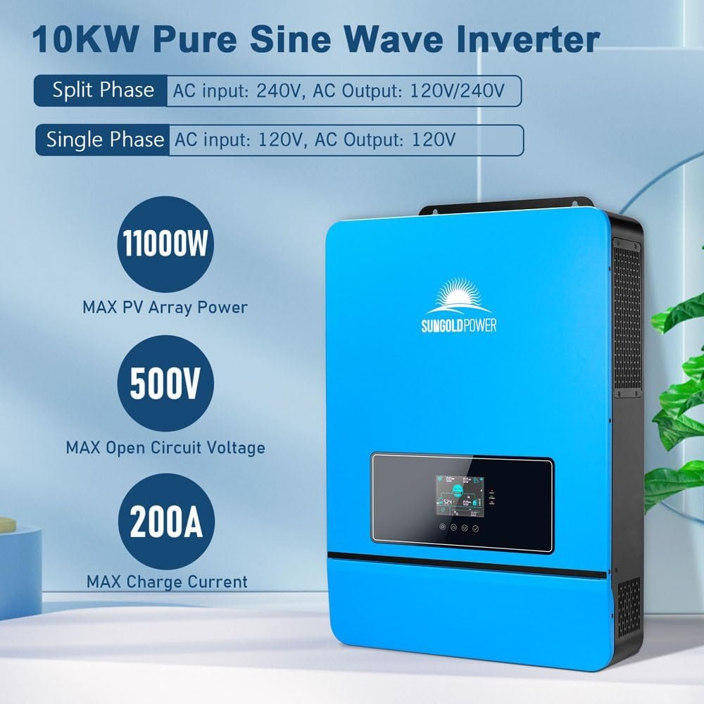 SUNGOLDPOWER 10000W 48V Solar Inverter, Built-in 2 MPPTs, Max 200A Battery Charging, Split Phase AC Input/Output 120V/240V(settable),Pure Sine Wave (BMS COMM) UL1741 SPH10048P - Image 2