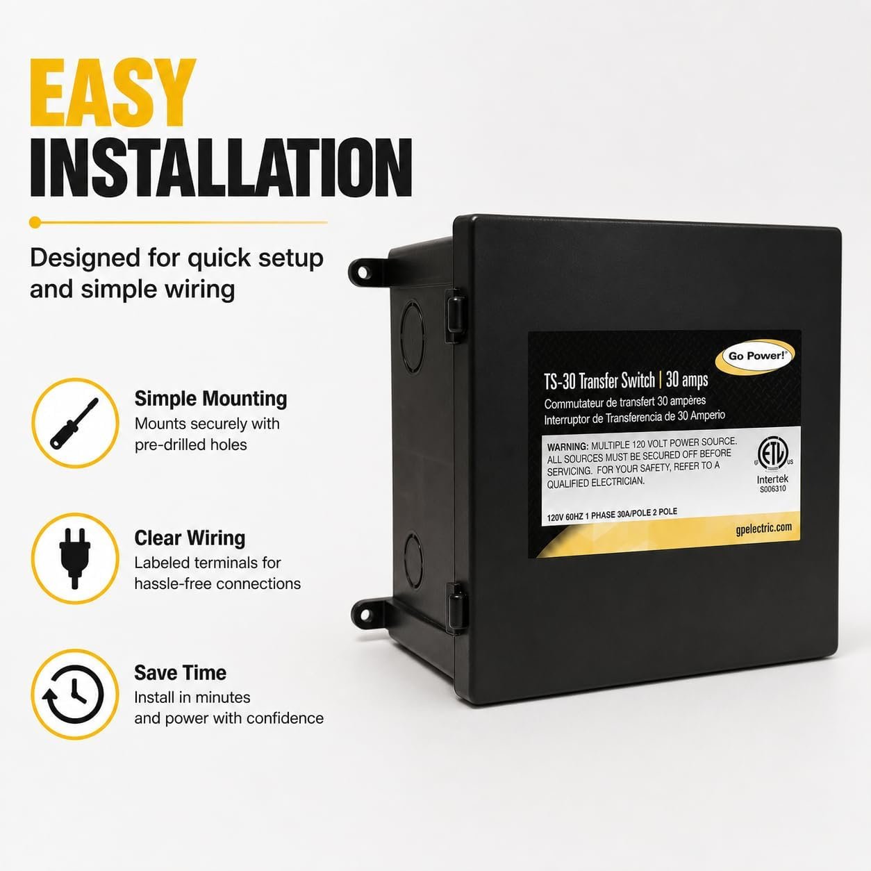 Go Power TS-30 30 Amp Automatic Transfer Switch, Dual Source Compatibility, Generator Delay Switch, Easy Installation, Compact Design - Image 3