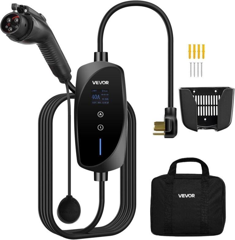 VEVOR Level 2 EV Charger, 40 Amp Adjustable Current, 240V Electric Vehicle Portable Charger with 25 ft Charging Cable, LCD Display, NEMA 14-50P Plug, Plug-in Home Car Charging Station for SAE J1772 EV