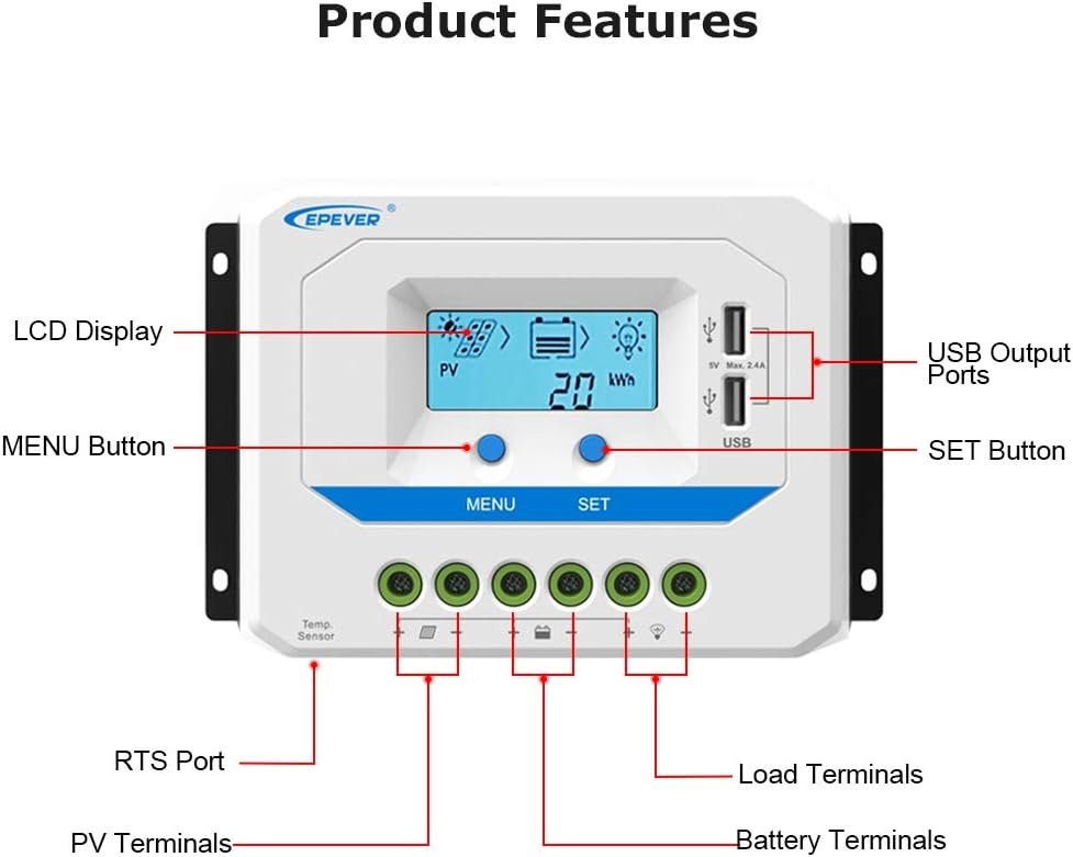 EPEVER® 45A Solar Charge Controller 12V/24V/36V/48V Auto Working PWM Solar Panel Charge Regulator with LCD Display and Powerful Dual USB Output - Image 2