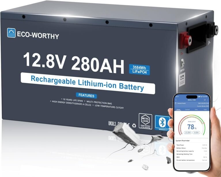 ECO-WORTHY 12V 280Ah Metal Case LiFePO4 Lithium Battery with Bluetooth, Low-Temp Protection, Built in 200A BMS, 3584Wh Max for Off-Grid Solar, RV, Camper, Trolling Motor, Home Use