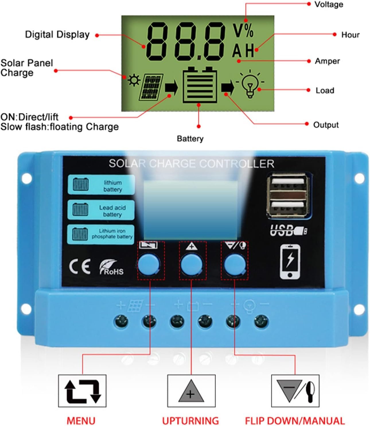 Peidesi PWM 30A Solar Charge Controller 12V 24V PV Regulator for Lifepo4 Lithium Gel Lead Acid for 100W 200W 300W Solar Panel LCD Display Dual USB 5V Output - Image 6