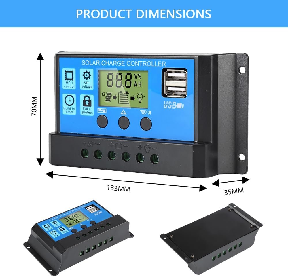 30A Solar Charge Controller 12V/24V Solar Panel Intelligent Regulator | Dual USB Port with LCD Display, PWM Auto Parameter Adjustable, Timer Setting, Multiple Load Control Modes - Image 7