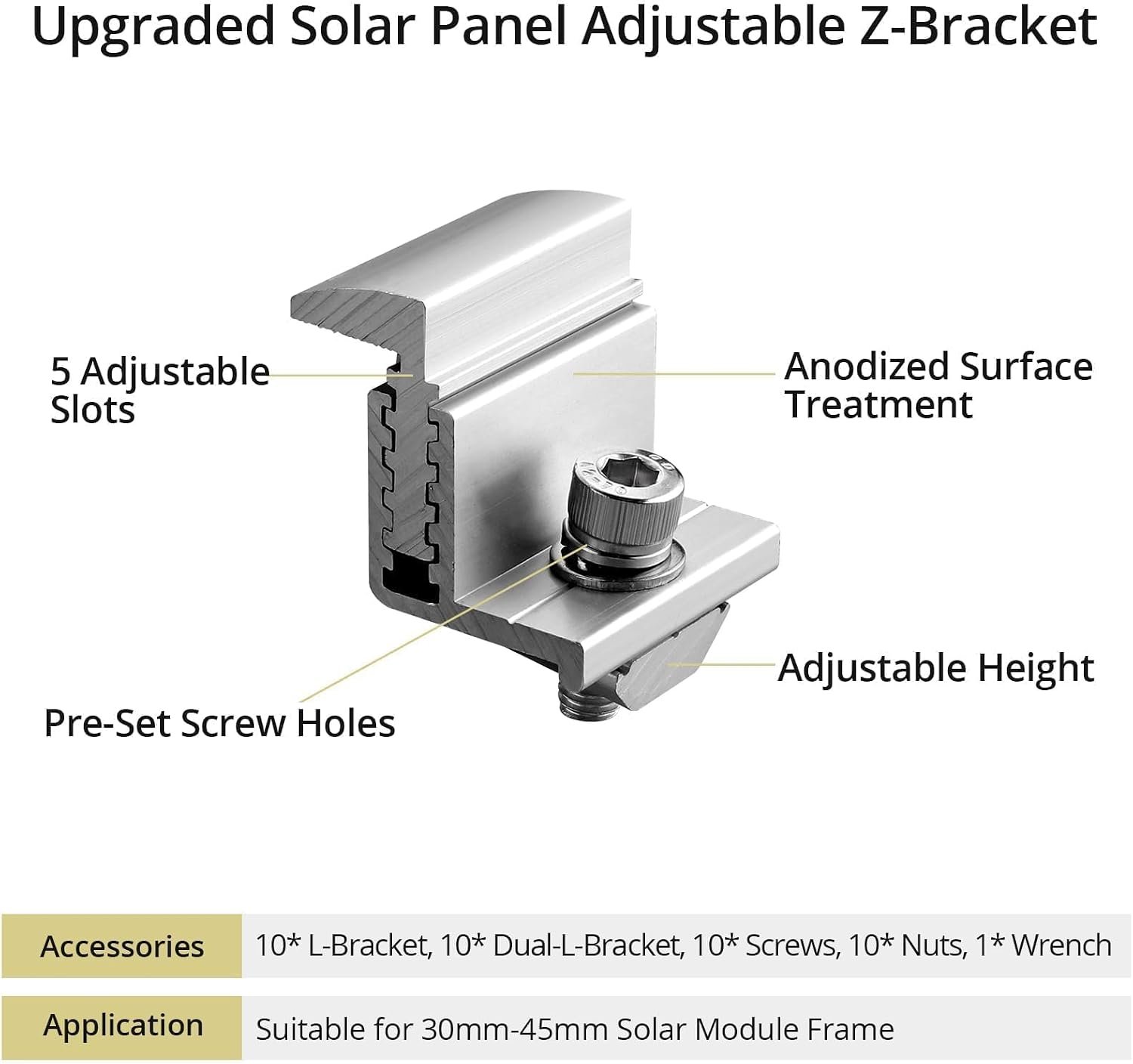Anbte 10pcs Solar Panel End Clamps 30-50 mm Adjustable, Solar Mount Bracket | Aluminum Solar Panel Mounting Kit with 10*Screw M8 &1*Wrench, For Metal Roof, Tin Roof, Flat Roof, Sheet Roof, Ground, Silver - Image 6