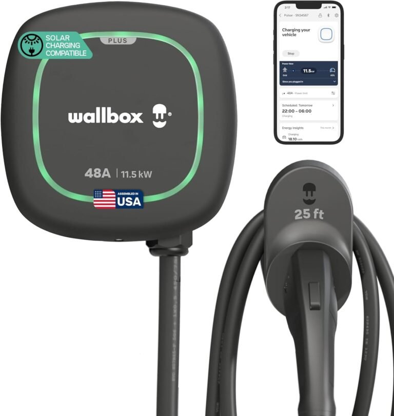 Wallbox Pulsar Plus Level 2 Ev Charger 48A, Electric Car Charger EVSE J1772 | Hardwired 48 Amp EV Charger Level 2, Electric Vehicle Charging Station Solar Energy Compatible, 25ft Cable, Outdoor & Indoor