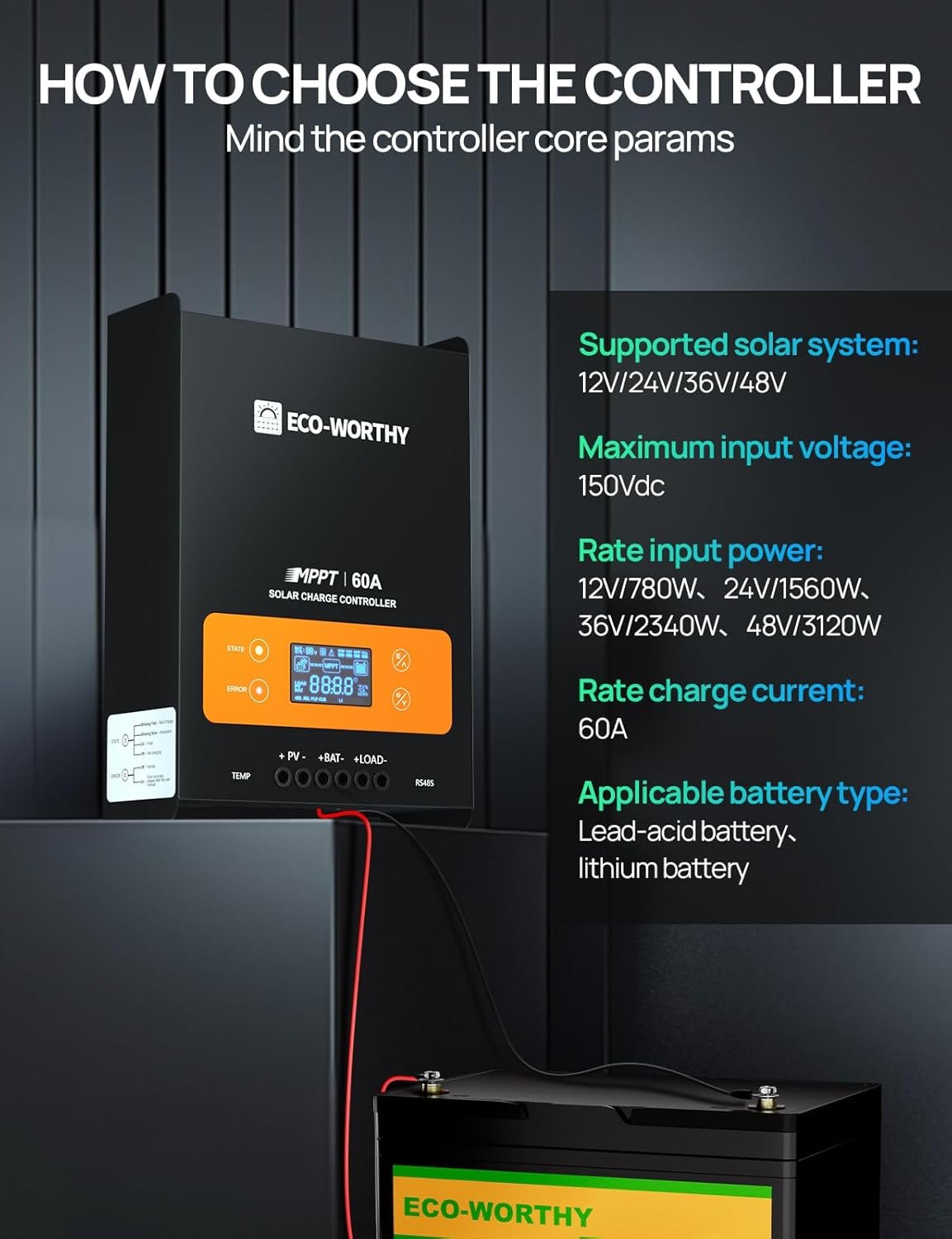 ECO-WORTHY 60A MPPT Solar Charge Controller with Bluetooth & WiFi | Max PV Input 150V,12/24/36/48V Solar Panel Regulator for Lead-Acid/Lifepo4 Battery in Solar System RV - Image 2