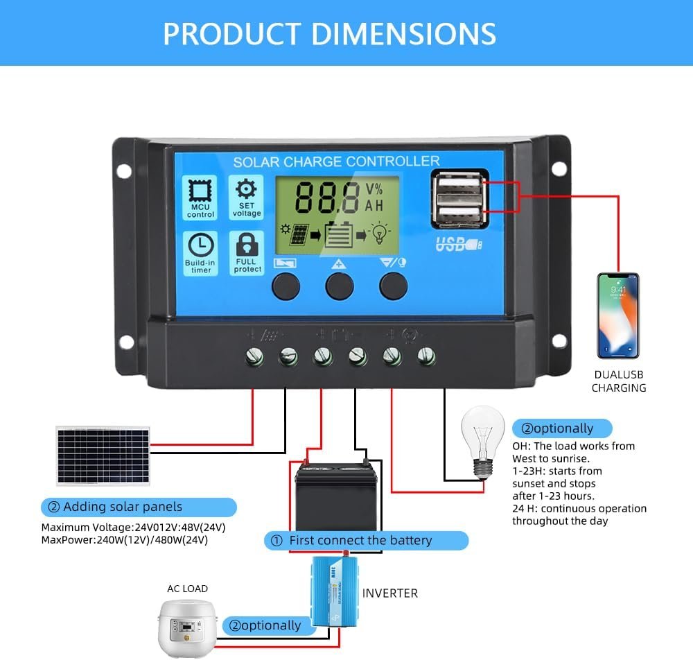 30A Solar Charge Controller 12V/24V Solar Panel Intelligent Regulator | Dual USB Port with LCD Display, PWM Auto Parameter Adjustable, Timer Setting, Multiple Load Control Modes - Image 4