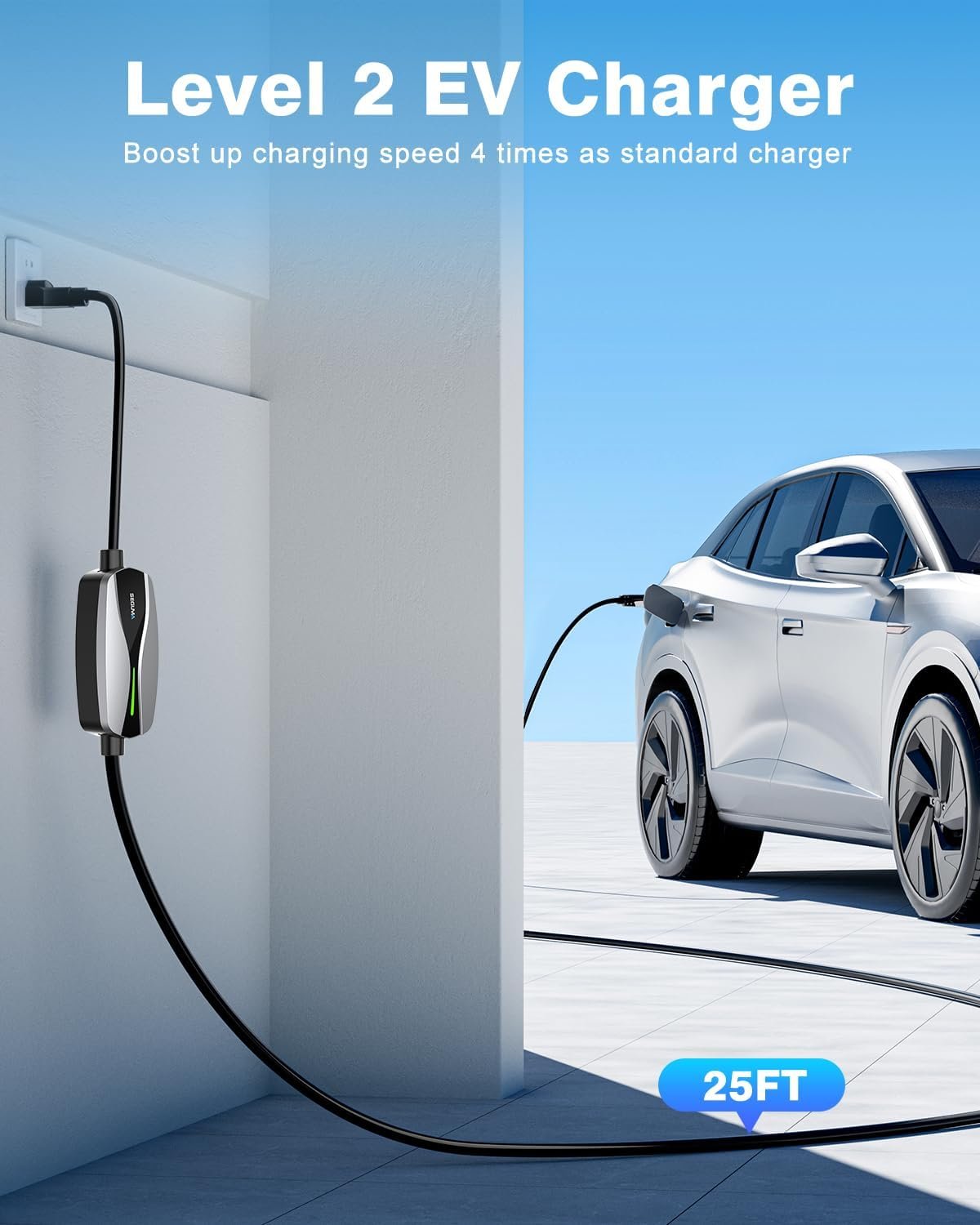 SEGUMA Level 1/2 EV Charger 16Amp Electric Car Charger for J1772 BEVs/PHEVs | 25FT Cable, NEMA 6-20 Plug and NEMA 5-15 Adapter, 110V-240V, Home Mobile EV Charging Station, Silver - Image 4
