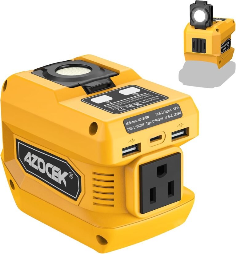 Azocek 220W Power Inverter Compatible with Dewalt 20V Battery | Battery not included, DC 20V to AC 110V, 2 USB Ports & 1 Type-C Fast Charging, 400LM LED Work Light