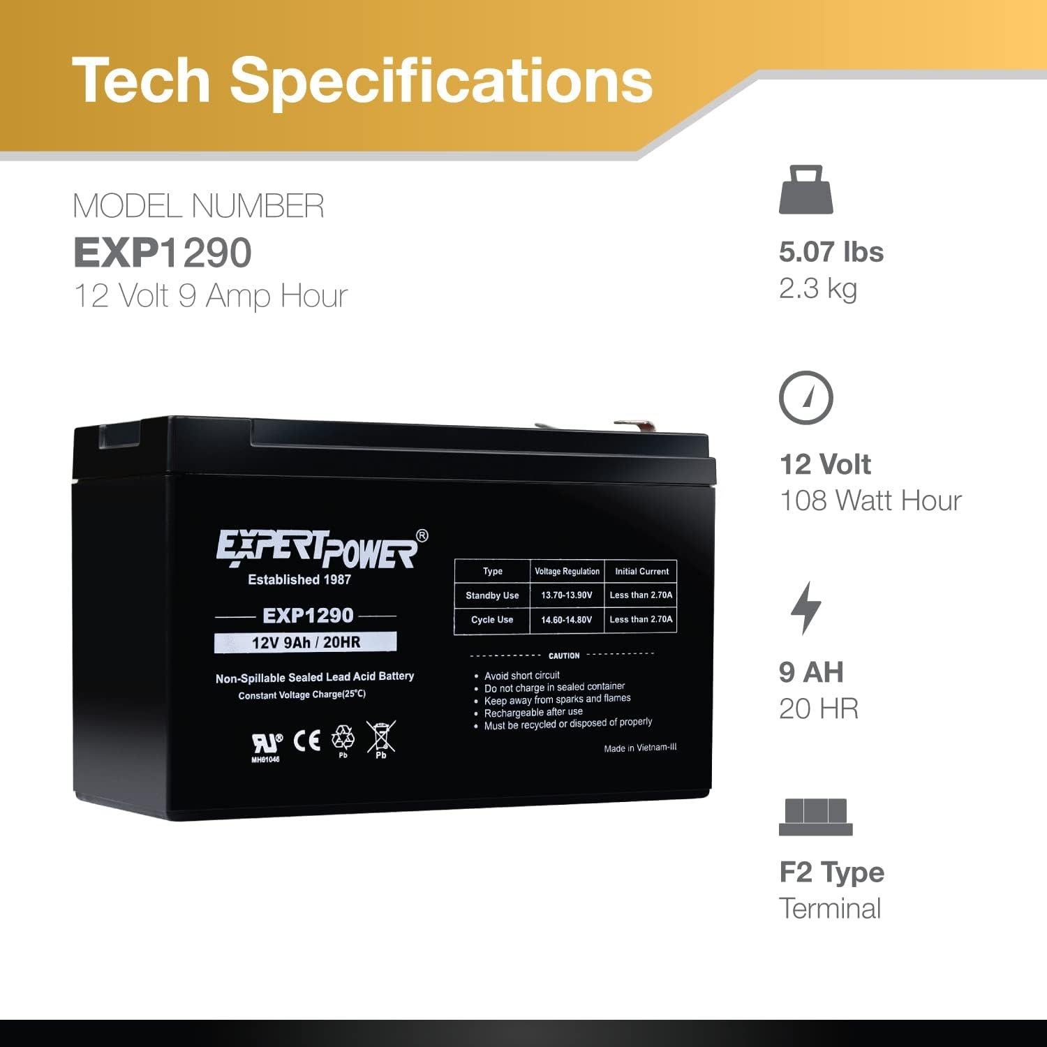ExpertPower EXP1290, 2 Pack 12V 9AH SLA AGM Rechargeable 12V Battery Backup | 12 Volt Batteries for Alarm, Speaker, Ride on Toys, APC Backup UPS Battery Replacement, Replaces UB1290, F2 Terminals - Image 3