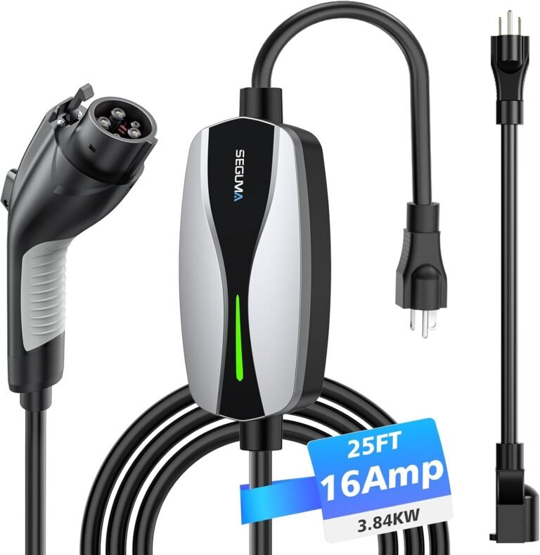 SEGUMA Level 1/2 EV Charger 16Amp Electric Car Charger for J1772 BEVs/PHEVs | 25FT Cable, NEMA 6-20 Plug and NEMA 5-15 Adapter, 110V-240V, Home Mobile EV Charging Station, Silver