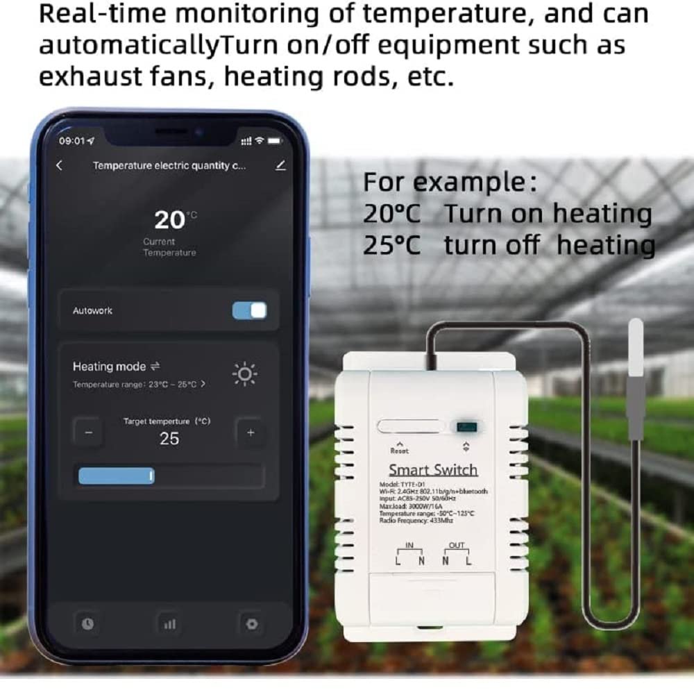 WiFi Temperature Controller Sensor Module, Tuya app Wireless Remote 16A Smart Switch with Energy Consumption Monitoring,Compatible with Alexa Google - Image 3