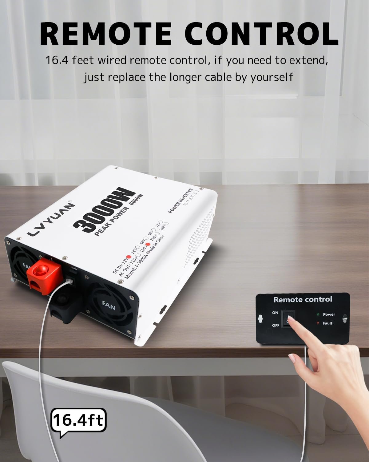LVYUAN 3000 Watt Power Inverter 12V to 110V 120V DC to AC Converter for Home RV Vehicle Outdoor Camping Car Power Inverter with 4 AC Outlets, LCD Display, USB Charge Port, Remote Control - Image 3
