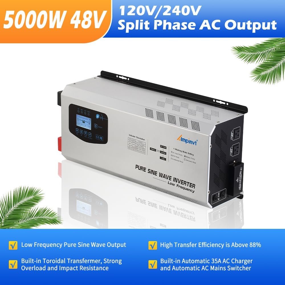 AMPINVT Off Grid Inverter Charger 5000W Peak 15000W DC 48V to 120V/240V AC Split Phase Output, with Battery AC Charger, Low Frequency Pure Sine Wave Inverter for Solar Home - Image 2