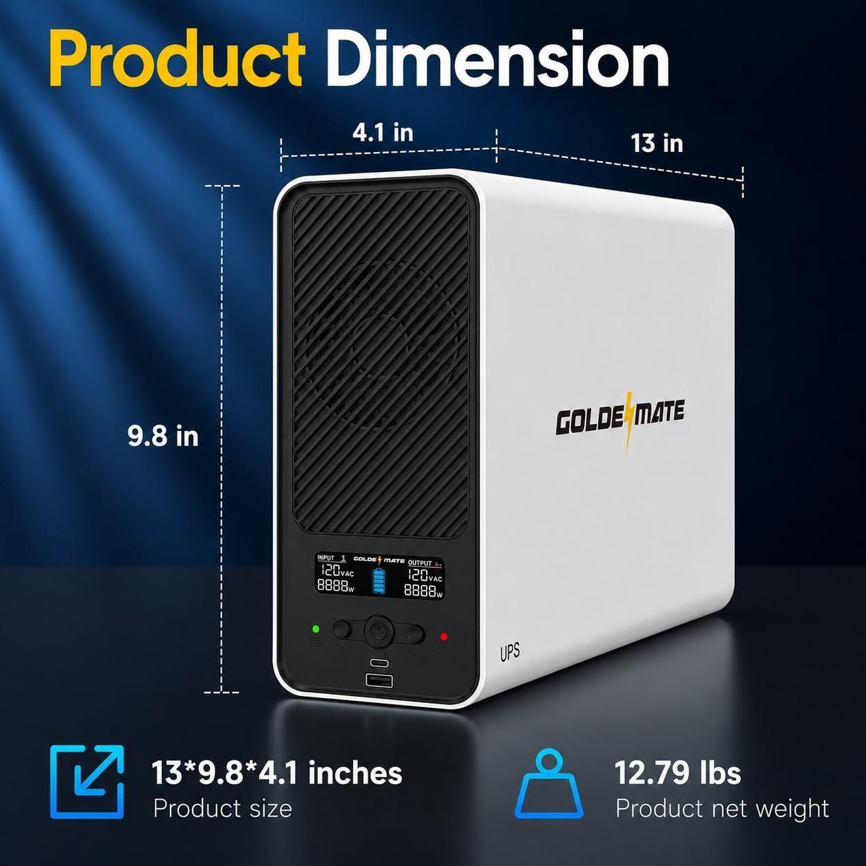 GOLDENMATE 1500VA/1000W Lithium UPS Battery Backup & Surge Protector, White | Pure Sine Wave, 8 Outlets & 2 USB Ports, LCD Display, 230Wh LiFePO4 Battery Backup for PC/NAS/Home Offices - Image 6