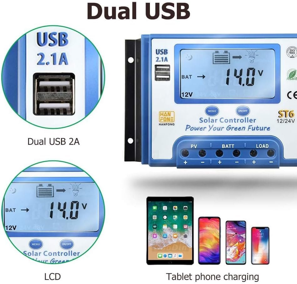 60A Solar Charge Controller 12V/24V Automatic Voltage Recognition Solar Panel Charging Discharge Regulator with Dual 5V USB Output Backlight LCD Display - Image 6