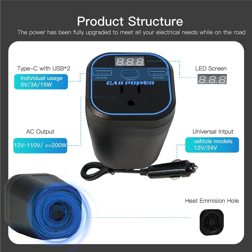 FAMIDGE 200W Car Power Inverter, 12v to 110v, Car Adapter with Dual USB and Type-C for Laptop, Black - Image 2