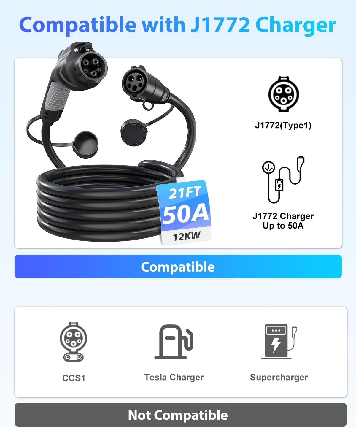 EV Charger Extension Cable, J1772 Extension Cable 50A 21FT Charging Cord for Electric Vehicle 110V-240V Compatible for All SAE J1772 Chargers (50A - 21FT) - Image 4