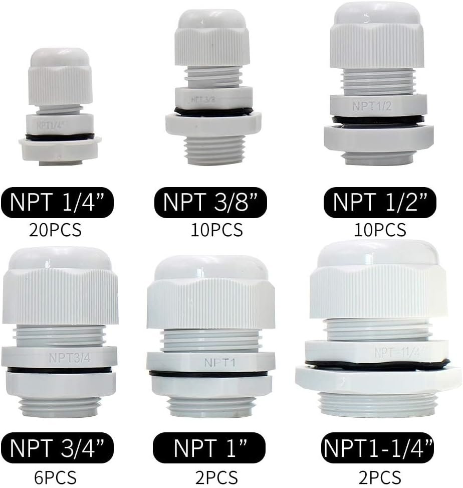 MAKERELE 50pcs NPT Cable Glands Kit Waterproof Strain Relief Connector | Grey, 1/4” 3/8” 1/2” 3/4” 1” 1-1/4”, Nylon, Electrical Conduit Connectors, With Gaskets, for Electrical Junction Box - Image 2