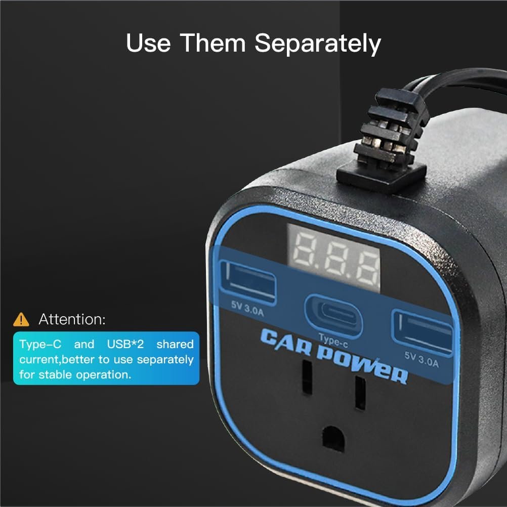 FAMIDGE 200W Car Power Inverter, 12v to 110v, Car Adapter with Dual USB and Type-C for Laptop, Black - Image 5