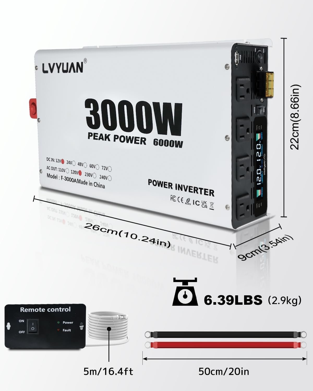 LVYUAN 3000 Watt Power Inverter 12V to 110V 120V DC to AC Converter for Home RV Vehicle Outdoor Camping Car Power Inverter with 4 AC Outlets, LCD Display, USB Charge Port, Remote Control - Image 2