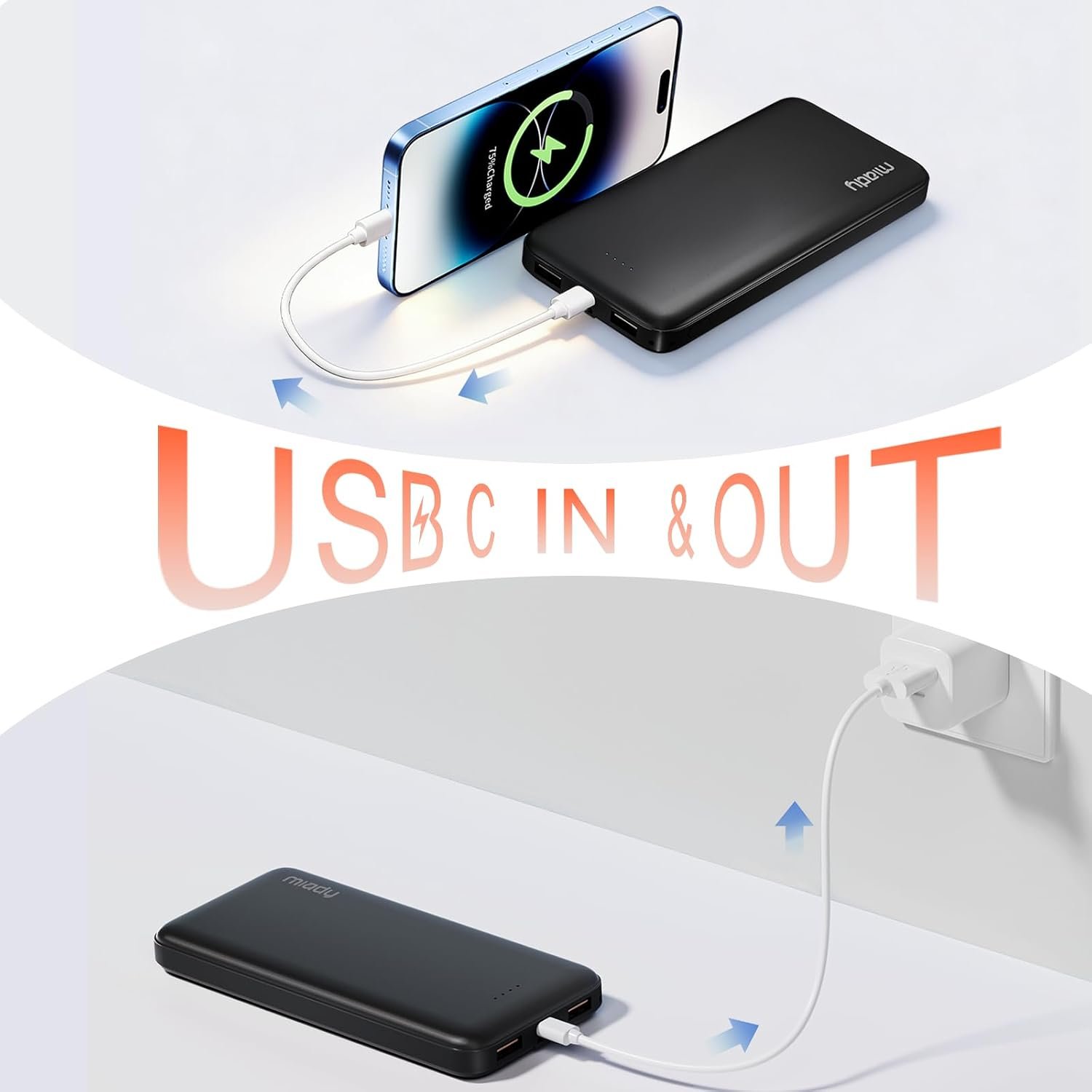 Miady 2-Pack Portable Charger 10000mAh Power Bank 22.5W Travel Battery Pack | 37Wh丨Fast Charging丨3 Outputs 2 Inputs丨Slim丨Compatible with iPhone 17 Galaxy S24 Android Tablets etc丨Flight-Safe丨Black+White - Image 2
