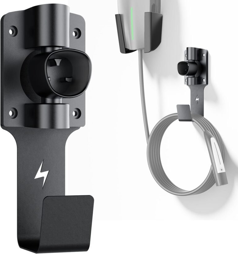 FOCSPROD for Tesla Charger Holder, with 180° Rotation Nozzle Dock, Metal J-Hook for Tesla Model 3/Y/X/S Charger Cable Car Accessories Wall Connector Organizer Extra with Mobile Connector Holder