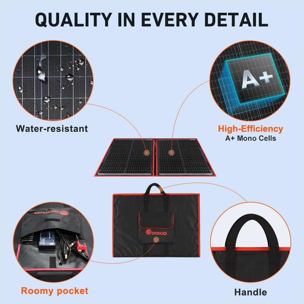 DOKIO 100W Portable Foldable Solar Panel Kit for 12V Battery Charging | Folds to 19 x 26 in and weighs 5.3 lb; includes controller and dual USB; for 12V batteries, power stations and camping. - Image 4