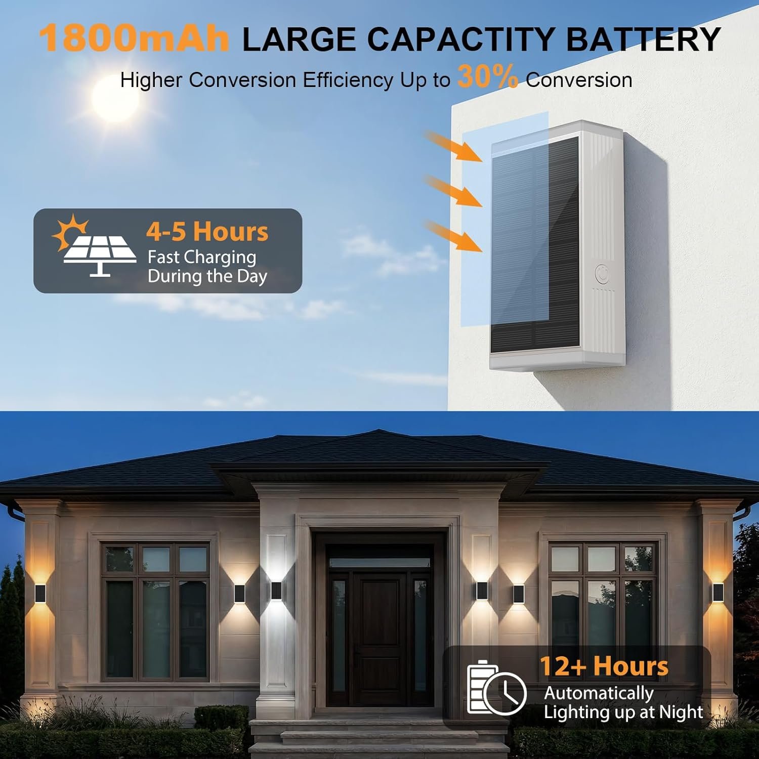 Solar Wall Lights,3000/4000/6000K/RGB 13 Modes Up & Down Wall Sconce,2Pack | 2X LED Lens IP67 Waterproof Solar Sconce Lights Up & Down Lighting Solar Lights Outdoor for Backyard/Patio/Garage/Porch - Image 3
