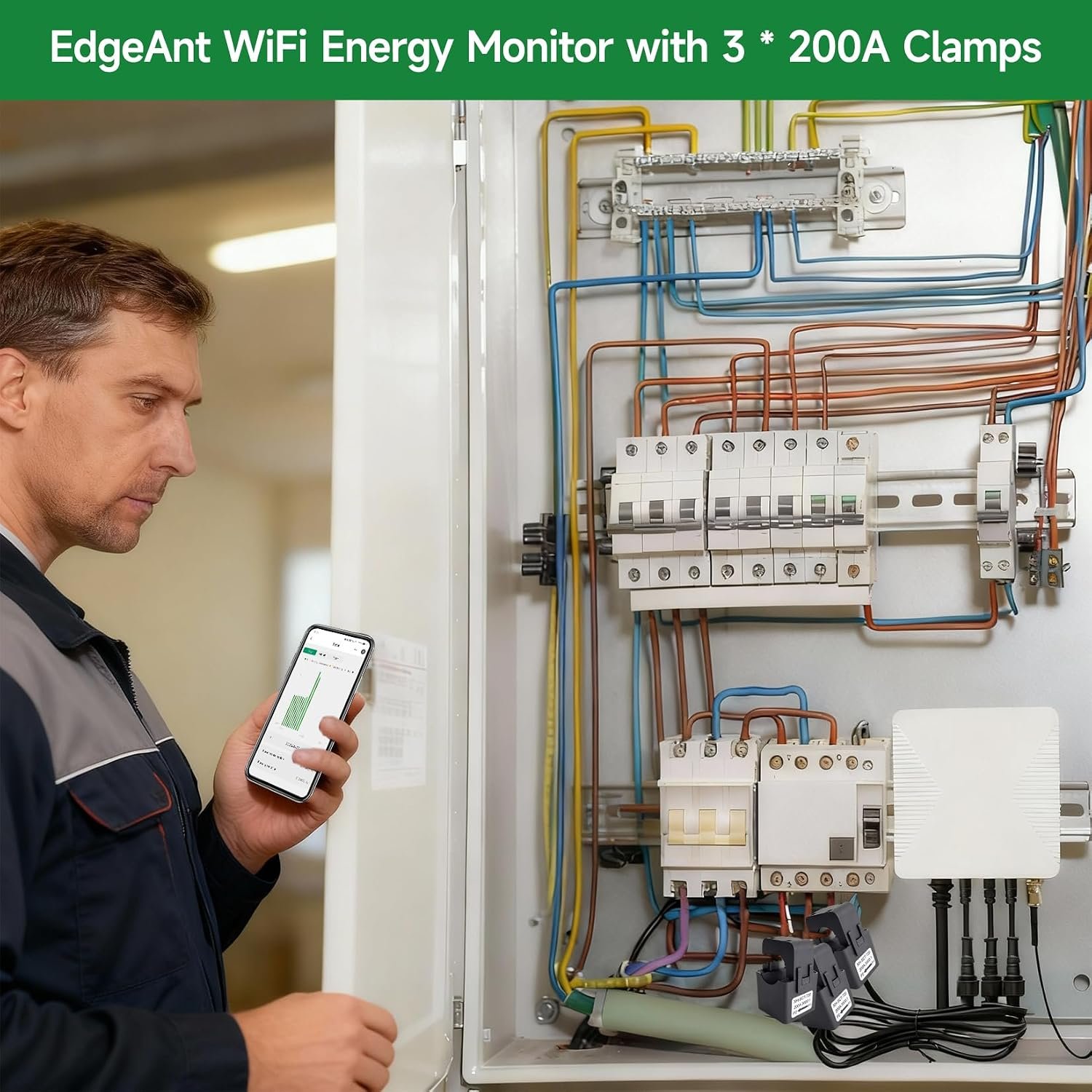 Smart Home Energy Monitor with 3 200A Clamps EdgeAnt, Real-Time Accurate Energy Consumption Tracking and Save Money, Home Energy Automation and Control, Solar Net Metering 2.4 GHz WiFi - Image 3