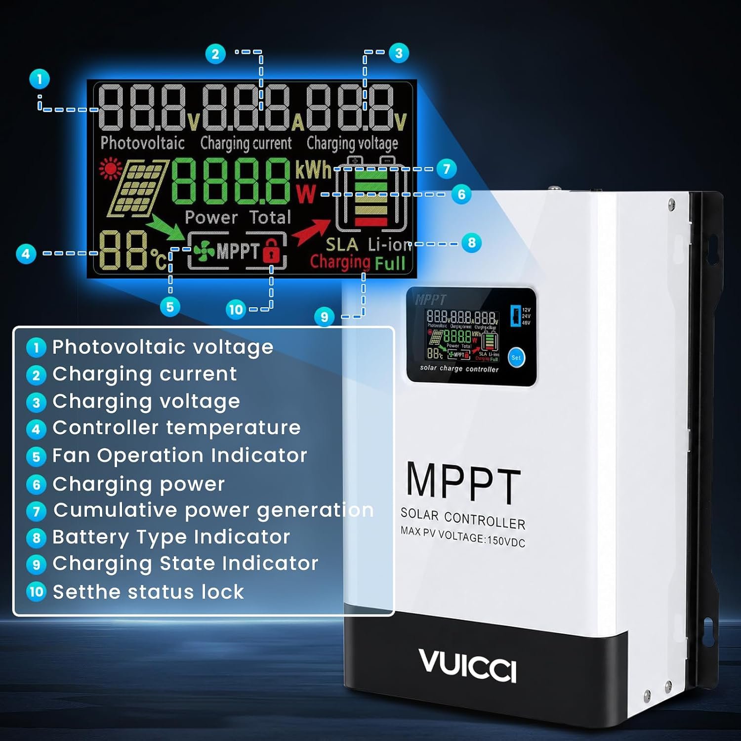 100A MPPT Solar Charge Controller 12V/24V/48V, Solar Panel Charge Controller with 145V Max PV Input, LCD Display for Lithium, AGM, Gel & Lead Acid Batteries, RV, Boat, Off Grid - Image 3