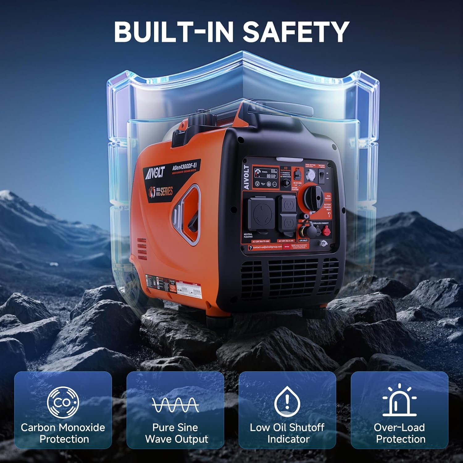 AIVOLT 4300W Dual Fuel Inverter Generator 53dB Quiet for RV Camp Home | Remote/Electric Start. 64lbs Wheels Kit. Auto-Switch Gas/Propane. 34h Propane Runtime. CO Auto-Shutoff. Parallel Ready. - Image 5