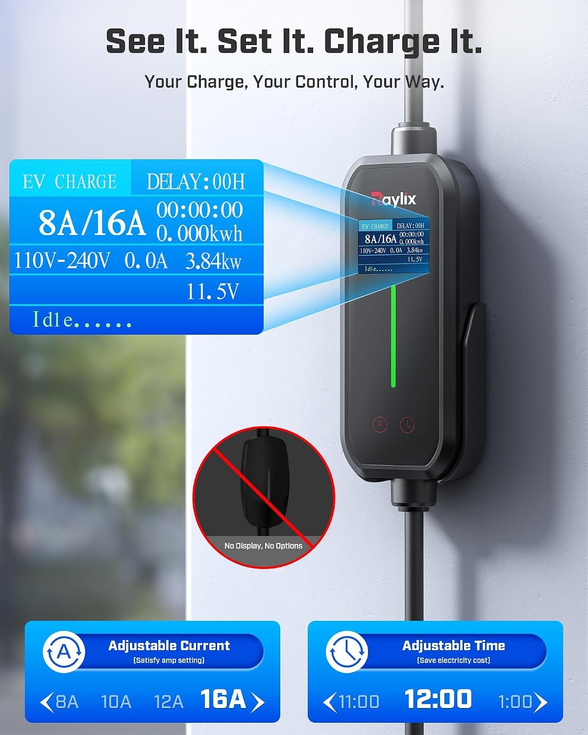 2026 Upgraded Level 1&2 EV Charger for ALL J1772 EV, NEMA5-15/6-20Plug | Adjustable Current& Timer, 8-16A, 110-240V, 21Ft Charging Cable, Electric Car Charger, Portable/Home EV charger/Charging Cord - Image 3