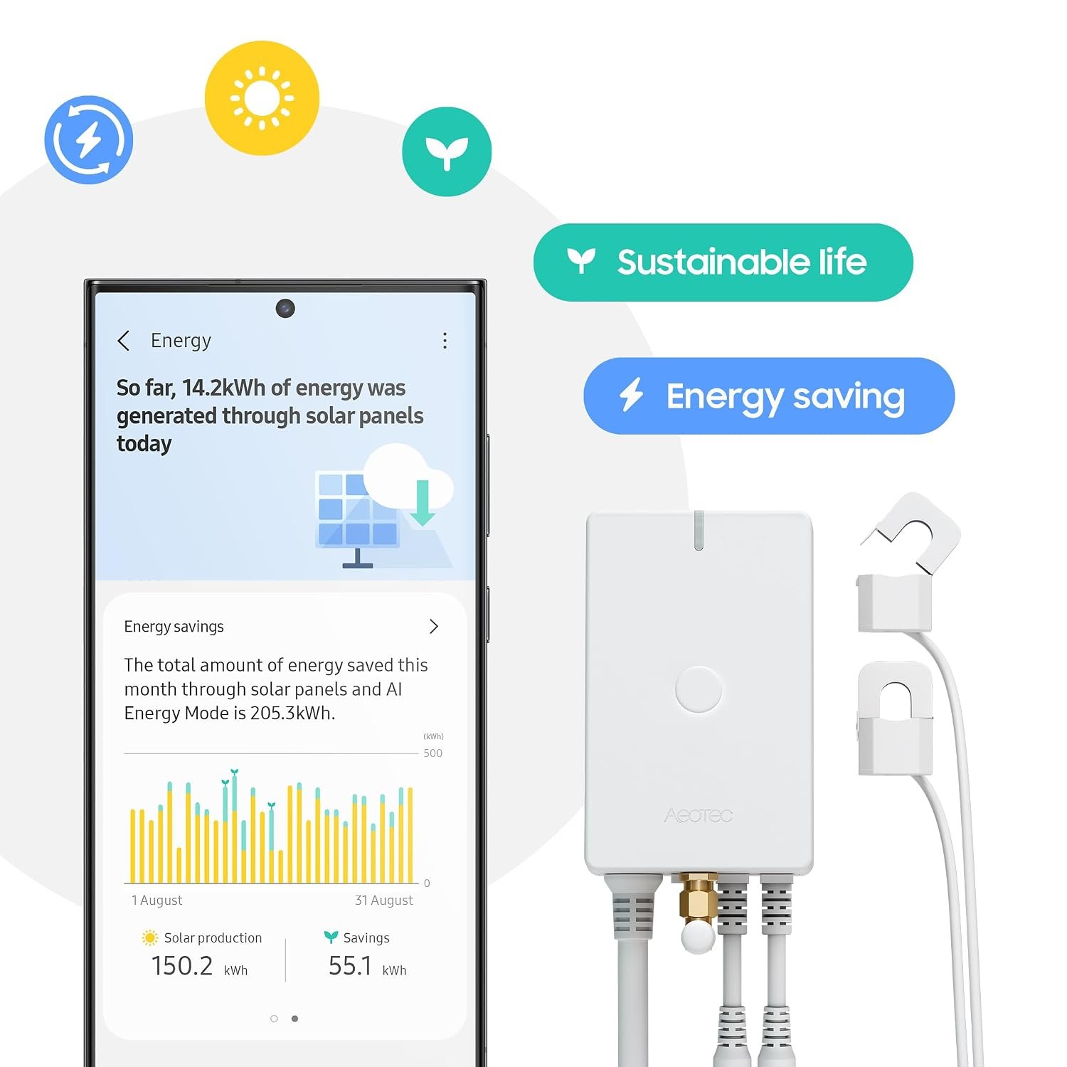 Aeotec Home Energy Meter 8 - Smart Electricity Monitor - Real-Time Usage and Production Tracking - Z-Wave Long Range - 2x200A Clamp-On Sensor - Supports 2-Phase Power - SmartThings - HomeAssistant - Image 4