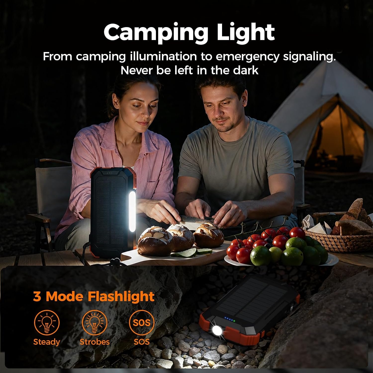 BLAVOR Solar Charger Power Bank Built-in Retractable USB-C Cable, 20000mAh Wireless Magnetic Portable Charger with Camping Light, Flashlight, 20W Fast Charging Battery Pack for Outdoor Camping Hiking - Image 5