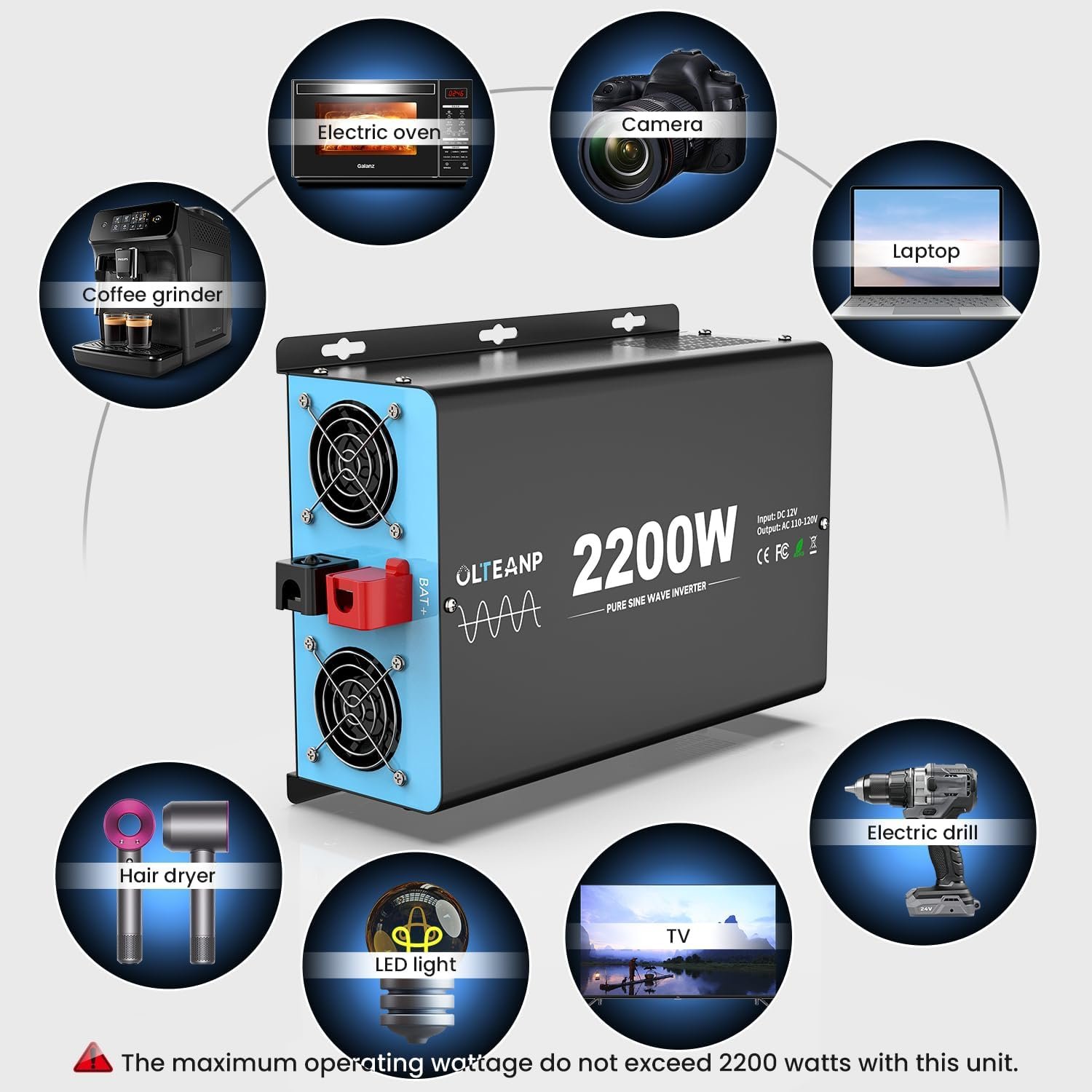 2200 Watts Pure Sine Wave Inverter 12V DC to 110V AC, 4400W Peak Power, 4 AC Outlets, USB & Type-C Port, Adjustable Input for Lithium Battery, RV/Truck/Boat/Solar Backup with LCD Remote - Image 7