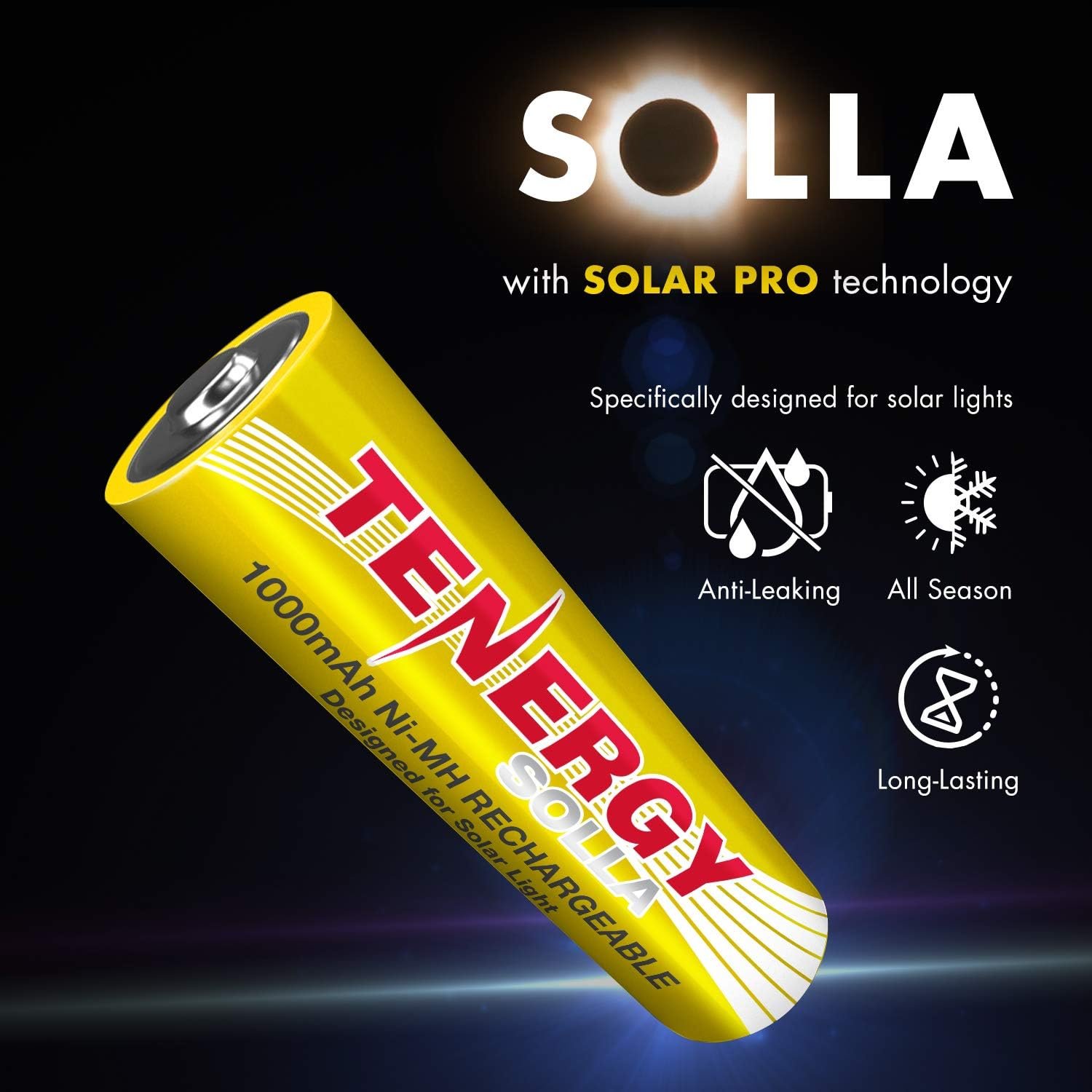 Tenergy Solla Rechargeable NiMH AA Battery, 1000mAh Solar Batteries for Solar Garden Lights, Anti-Leak, Outdoor Durability, 5+ Years Performance, 12 Pack, UL Certified - Image 2