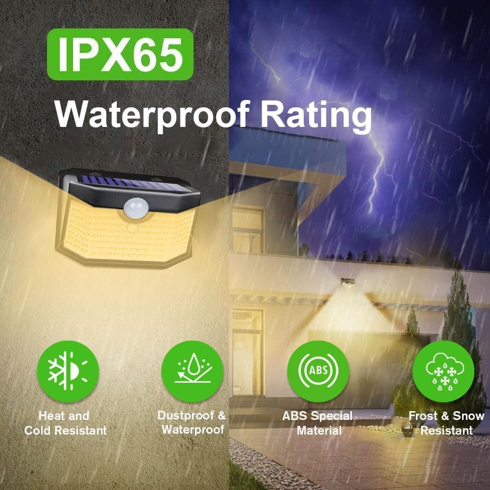 HMCITY 120 LED Solar Lights Outdoor Motion Sensor, 4 Pack, Black Warm | 3 Lighting Modes, IP65 Waterproof, Front Button Control, Wide Solar Wall Lights Ideal for Garden Patio Yard - Image 5