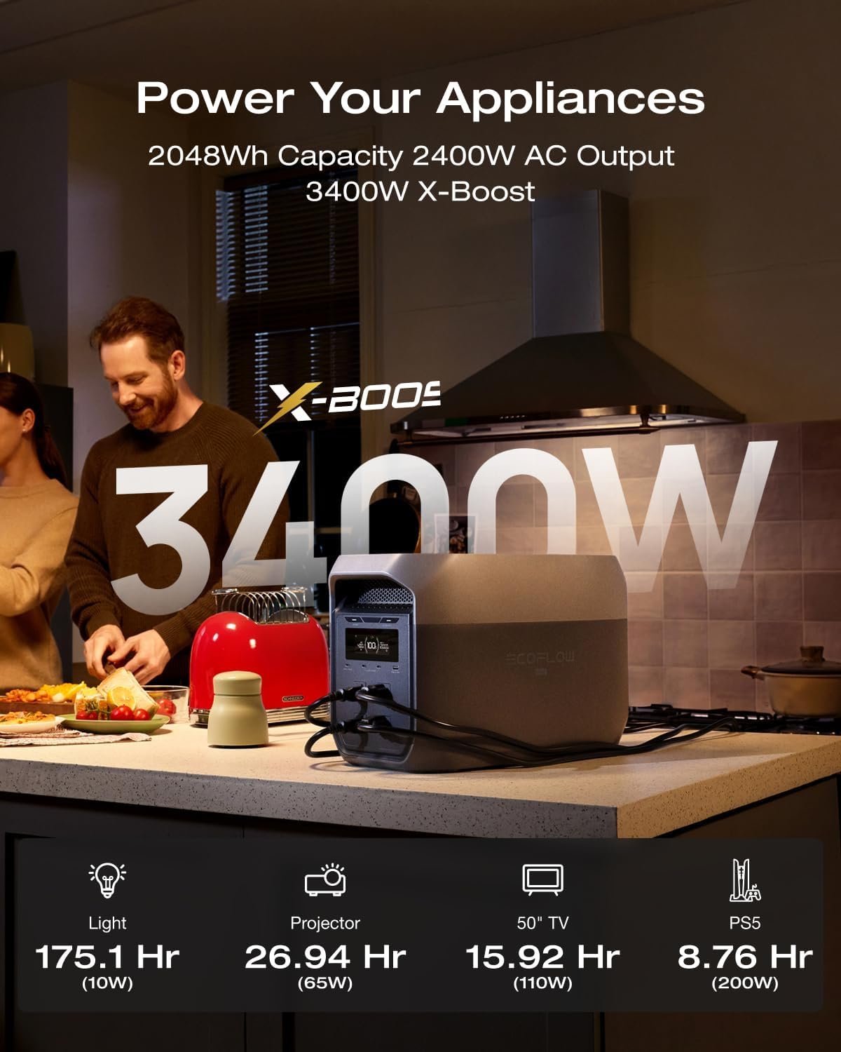 EF ECOFLOW DELTA 3 Max Portable Power Station, 2048Wh LFP Battery, 2400W | 3400W X-Boost Output, Ultra-Fast 0-80% Charging in 1.13 Hr, Home Backup & RV Camping, Solar Generator (Solar Panel Optional) - Image 3