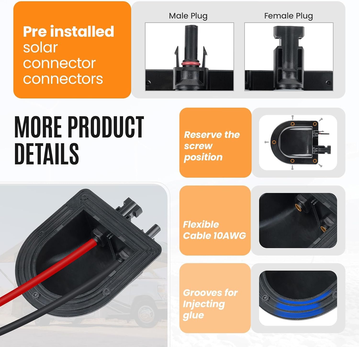 Solar Cable Entry Gland with 10Awg Copper Solar Cable and Solar Connector UV Resistance Dual Cable Entry Housing for Solar RV Boats Yacht Roofs (Black 0.3FT) - Image 3