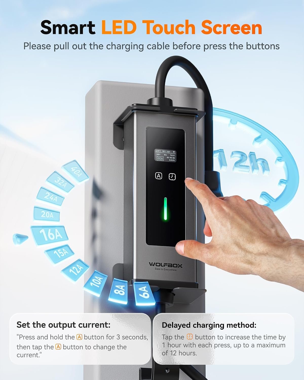 WOLFBOX Portable Level 1&2 EV Charger 40amp for J1772 EVSE(PE40) | ETL Certified, NEMA 5-15&14-50 Plug Adapter,25ft Cable,Indoor/Outdoor(IP66),208-240V - Image 5