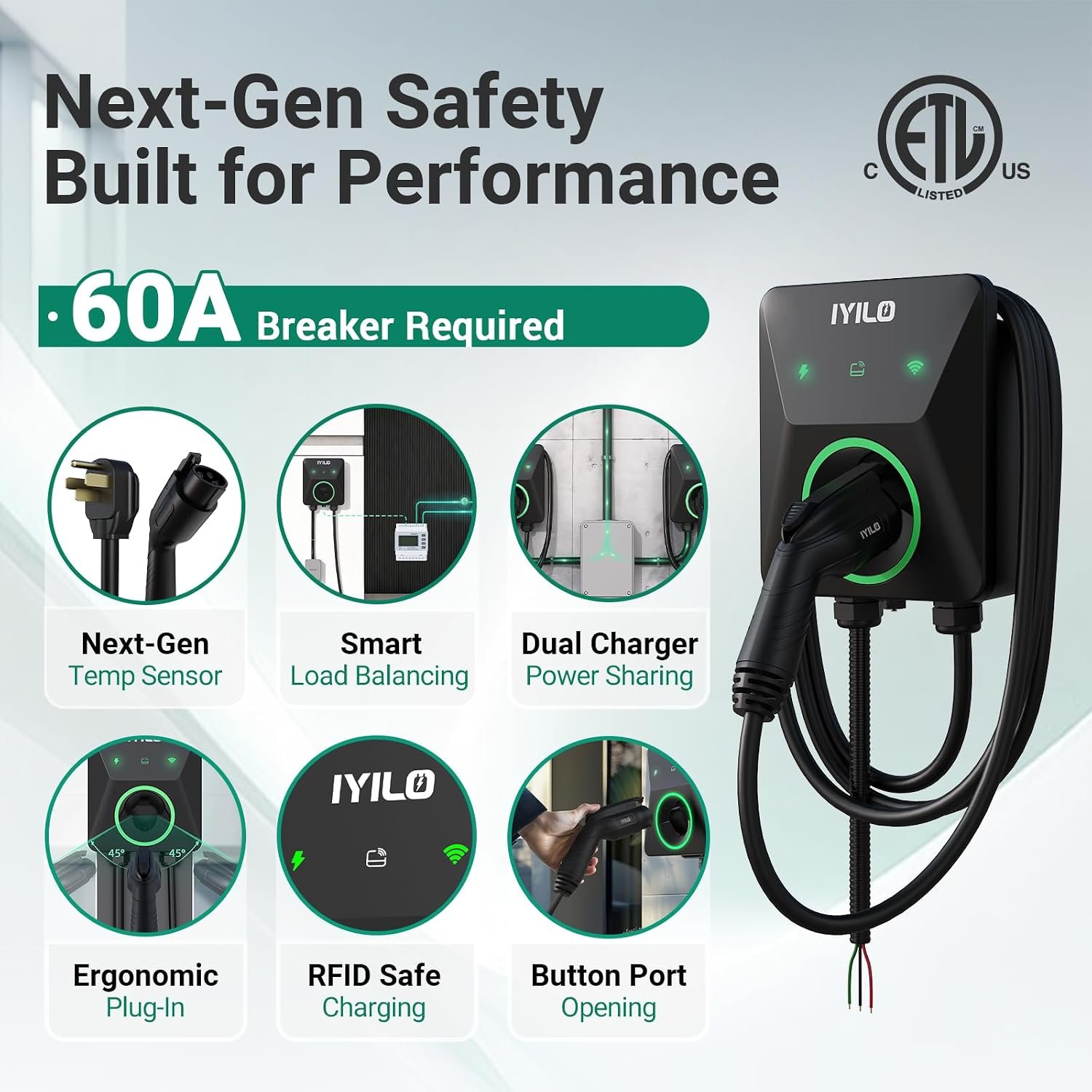 Level 2 EV Charger with Energy Meter, 48Amp/11.5KW, J1772 Wall Electric Car Charger with Dual Temp Sensors(Exclusive), Wi-Fi(2.4 GHz), RFID, Smart App, CT Clamps for Load Balancing, Black-Gray - Image 6